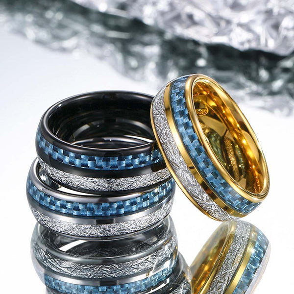 【Pareja】Anillo de Tungsteno con Fibra de Carbono y Meteorito - Edad de Hielo